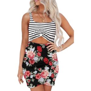 imageAcelitt Summer Dresses for Women 2025 Cut Out Twist Front Ruched Wrap Bodycon Sleeveless Party Club Mini Dress Beach SundressDfloral Stripe Print
