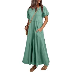 imageAcelitt Women Casual Trendy Summer Crewneck Puff Sleeve Midi Dress SXXLGreen