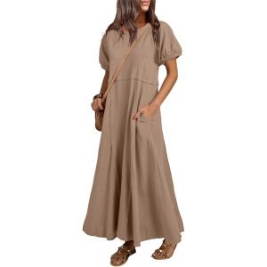 imageAcelitt Women Casual Trendy Summer Crewneck Puff Sleeve Midi Dress SXXLKhaki