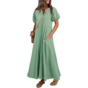 imageAcelitt Women Casual Trendy Summer Crewneck Puff Sleeve Midi Dress SXXLLight Green