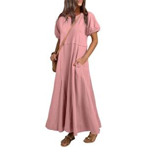 imageAcelitt Women Casual Trendy Summer Crewneck Puff Sleeve Midi Dress SXXLPink