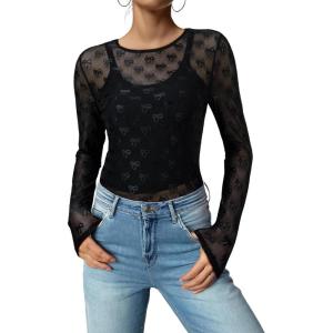 imageAcelitt Womens Long Sleeve Sheer Mesh Tops See Through Lace Blouse ShirtsSXXLFloral Black