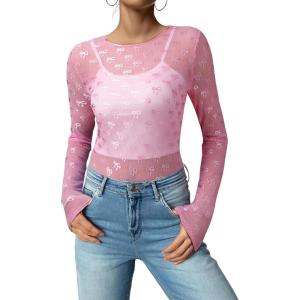 imageAcelitt Womens Long Sleeve Sheer Mesh Tops See Through Lace Blouse ShirtsSXXLFloral Pink