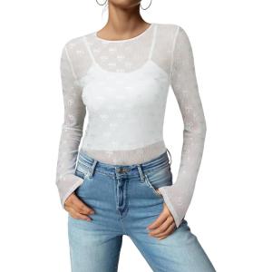 imageAcelitt Womens Long Sleeve Sheer Mesh Tops See Through Lace Blouse ShirtsSXXLFloral White