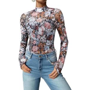 imageAcelitt Womens Long Sleeve Sheer Mesh Tops See Through Lace Blouse ShirtsSXXLPrint Brown