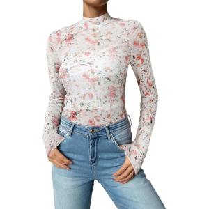 imageAcelitt Womens Long Sleeve Sheer Mesh Tops See Through Lace Blouse ShirtsSXXLPrint Pink