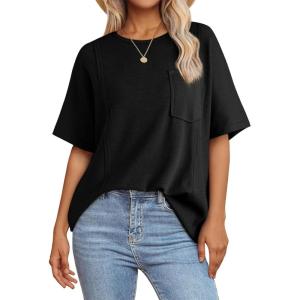 imageAcelitt Womens Oversized T Shirts Loose Fit Crewneck Short Sleeve Waffle Knit Tops Summer Casual Blouse 2025 Basic TeeBlack