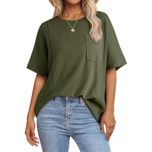 imageAcelitt Womens Oversized T Shirts Loose Fit Crewneck Short Sleeve Waffle Knit Tops Summer Casual Blouse 2025 Basic TeeBlackish Green