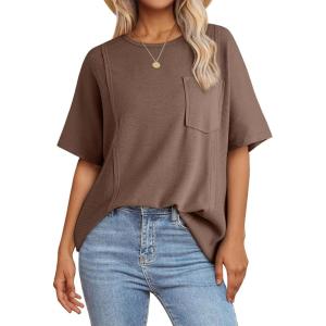 imageAcelitt Womens Oversized T Shirts Loose Fit Crewneck Short Sleeve Waffle Knit Tops Summer Casual Blouse 2025 Basic TeeCoffee