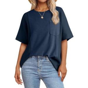 imageAcelitt Womens Oversized T Shirts Loose Fit Crewneck Short Sleeve Waffle Knit Tops Summer Casual Blouse 2025 Basic TeeNavy Blue