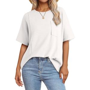 imageAcelitt Womens Oversized T Shirts Loose Fit Crewneck Short Sleeve Waffle Knit Tops Summer Casual Blouse 2025 Basic TeeWhite