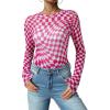 imageAcelitt Womens Fashion 2025 Checkered Print Crewneck Mesh Tops Spring Long Sleeve T Shirts See Through Trendy Outfits Going Out Tops Rose Medium
