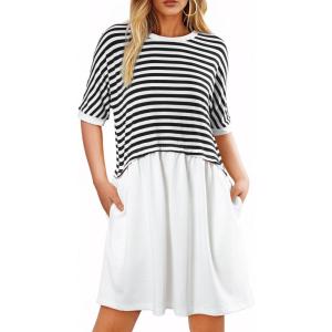 imageAcelitt Women Casual Summer Short Sleeve Crewneck Striped Dresses Loose Tshirt DressS2XLBlack