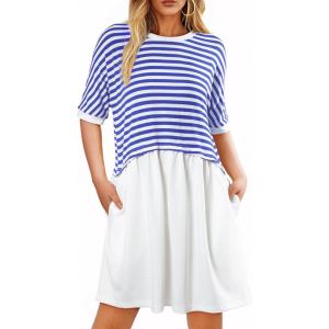 imageAcelitt Women Casual Summer Short Sleeve Crewneck Striped Dresses Loose Tshirt DressS2XLBlue