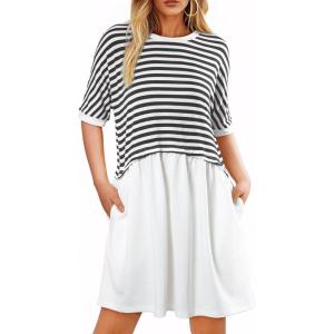 imageAcelitt Women Casual Summer Short Sleeve Crewneck Striped Dresses Loose Tshirt DressS2XLGray