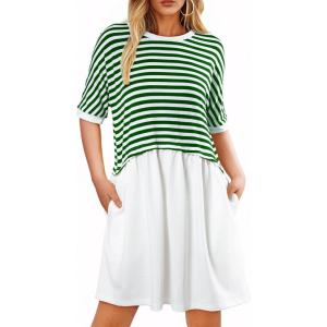 imageAcelitt Women Casual Summer Short Sleeve Crewneck Striped Dresses Loose Tshirt DressS2XLGreen