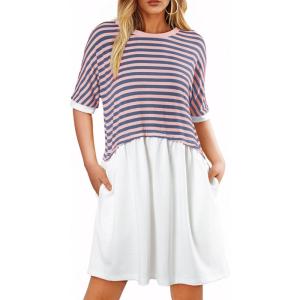 imageAcelitt Women Casual Summer Short Sleeve Crewneck Striped Dresses Loose Tshirt DressS2XLPink