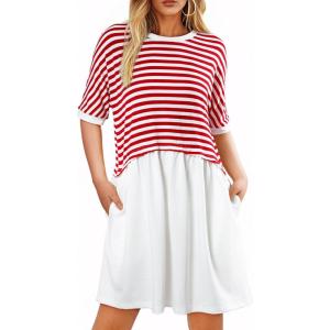 imageAcelitt Women Casual Summer Short Sleeve Crewneck Striped Dresses Loose Tshirt DressS2XLRed