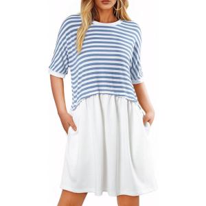 imageAcelitt Women Casual Summer Short Sleeve Crewneck Striped Dresses Loose Tshirt DressS2XLSky Blue