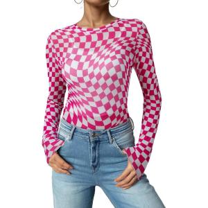 imageAcelitt Womens Fashion 2025 Checkered Print Crewneck Mesh Tops Spring Long Sleeve T Shirts See Through Trendy Outfits Going Out Tops Rose Medium