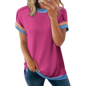 imageAcelitt Women Casual Summer Tops Short Sleeve Shirts Crewneck Loose Color Block Ribbed T Shirt Tees SXXLRose