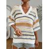 imageAcelitt Womens Short Sleeve Crochet Knit Sweater Hollow Out Striped Tops Beach Vacation Cruise OutfitsYyellow Cream Stripe