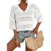 imageAcelitt Womens Short Sleeve Crochet Knit Sweater Hollow Out Striped Tops Beach Vacation Cruise OutfitsZwhite