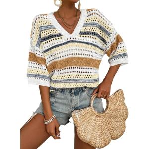 imageAcelitt Womens Short Sleeve Crochet Knit Sweater Hollow Out Striped Tops Beach Vacation Cruise OutfitsYyellow Cream Stripe
