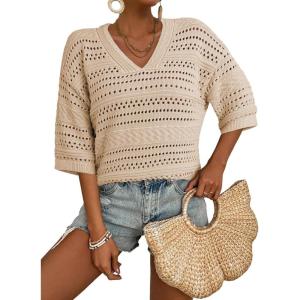 imageAcelitt Womens Short Sleeve Crochet Knit Sweater Hollow Out Striped Tops Beach Vacation Cruise OutfitsZbeige