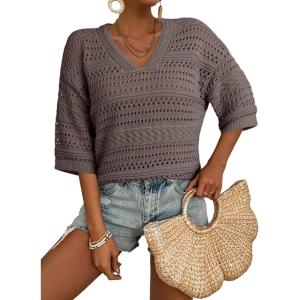 imageAcelitt Womens Short Sleeve Crochet Knit Sweater Hollow Out Striped Tops Beach Vacation Cruise OutfitsZgoat