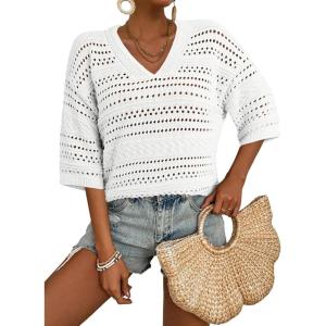 imageAcelitt Womens Short Sleeve Crochet Knit Sweater Hollow Out Striped Tops Beach Vacation Cruise OutfitsZwhite