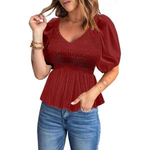 imageAcelitt Womens Spring Summer Puff Short Sleeve Peplum Top Casual V Neck Smocked Blouses Dressy ShirtDred