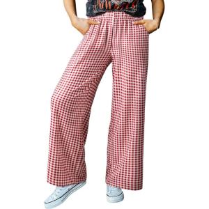 imageAcelitt Womens Casual Checkered Pants Elastic Waist Comfy Loose Wide Leg Pants with PocketsZred and White