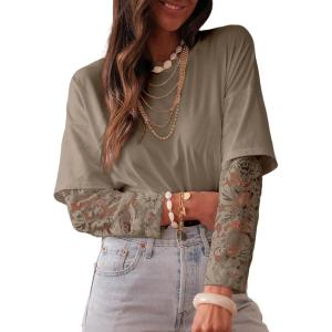 imageAcelitt Womens Mesh Long Sleeve Tops Crewneck Lace Blouse ShirtsSXXLGray