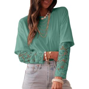 imageAcelitt Womens Mesh Long Sleeve Tops Crewneck Lace Blouse ShirtsSXXLGreen