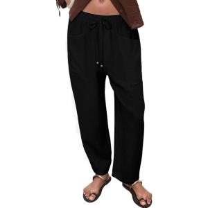 imageAcelitt Womens Cotton Linen Palazzo Pants Drawstring Elastic Waist Casual Wide Leg Trousers with PocketsBlack