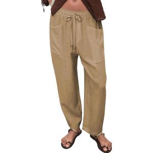 imageAcelitt Womens Cotton Linen Palazzo Pants Drawstring Elastic Waist Casual Wide Leg Trousers with PocketsPale Khaki