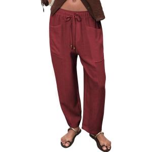 imageAcelitt Womens Cotton Linen Palazzo Pants Drawstring Elastic Waist Casual Wide Leg Trousers with PocketsRed Dahlia