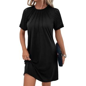 imageAcelitt Women Casual Summer Crewneck Short Sleeve Lace Pleated Mini DressSXXL5 Black