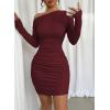 imageAcelitt Fall Off The Shoulder Dresses for Women 2025 Long Sleeve Ruched Bodycon Cocktail Party Mini DressBurgundy