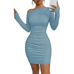 imageAcelitt Fall Off The Shoulder Dresses for Women 2025 Long Sleeve Ruched Bodycon Cocktail Party Mini DressBeau Blue