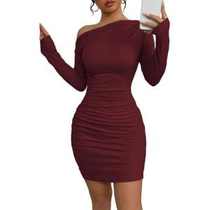 imageAcelitt Fall Off The Shoulder Dresses for Women 2025 Long Sleeve Ruched Bodycon Cocktail Party Mini DressBurgundy