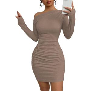 imageAcelitt Fall Off The Shoulder Dresses for Women 2025 Long Sleeve Ruched Bodycon Cocktail Party Mini DressDark Khaki