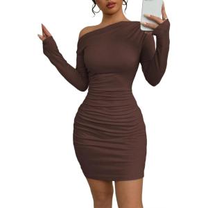 imageAcelitt Fall Off The Shoulder Dresses for Women 2025 Long Sleeve Ruched Bodycon Cocktail Party Mini DressDesert Palm