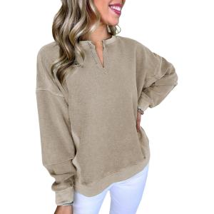 imageAcelitt Women Casual Long Sleeve V Neck Sweatshirts Pullover TopsSXXLKhaki