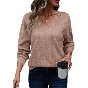 imageAcelitt Womens Tops Dressy Casual Fall Long Sleeve V Neck Pullover Blouses Shirts Teacher Outfits Fashion ClothingPale Khaki