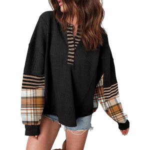 imageAcelitt Women Casual Color Block Long Sleeve V Neck Waffle Knit Shirts TopsSXXLBlack