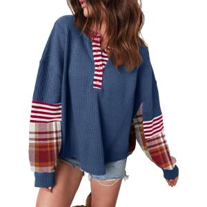 imageAcelitt Women Casual Color Block Long Sleeve V Neck Waffle Knit Shirts TopsSXXLBlue