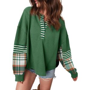 imageAcelitt Women Casual Color Block Long Sleeve V Neck Waffle Knit Shirts TopsSXXLGreen