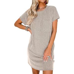 imageAcelitt Womens Casual Summer Crewneck Short Sleeve Ribbed Mini Tshirt Dress XS3XL5 Beige